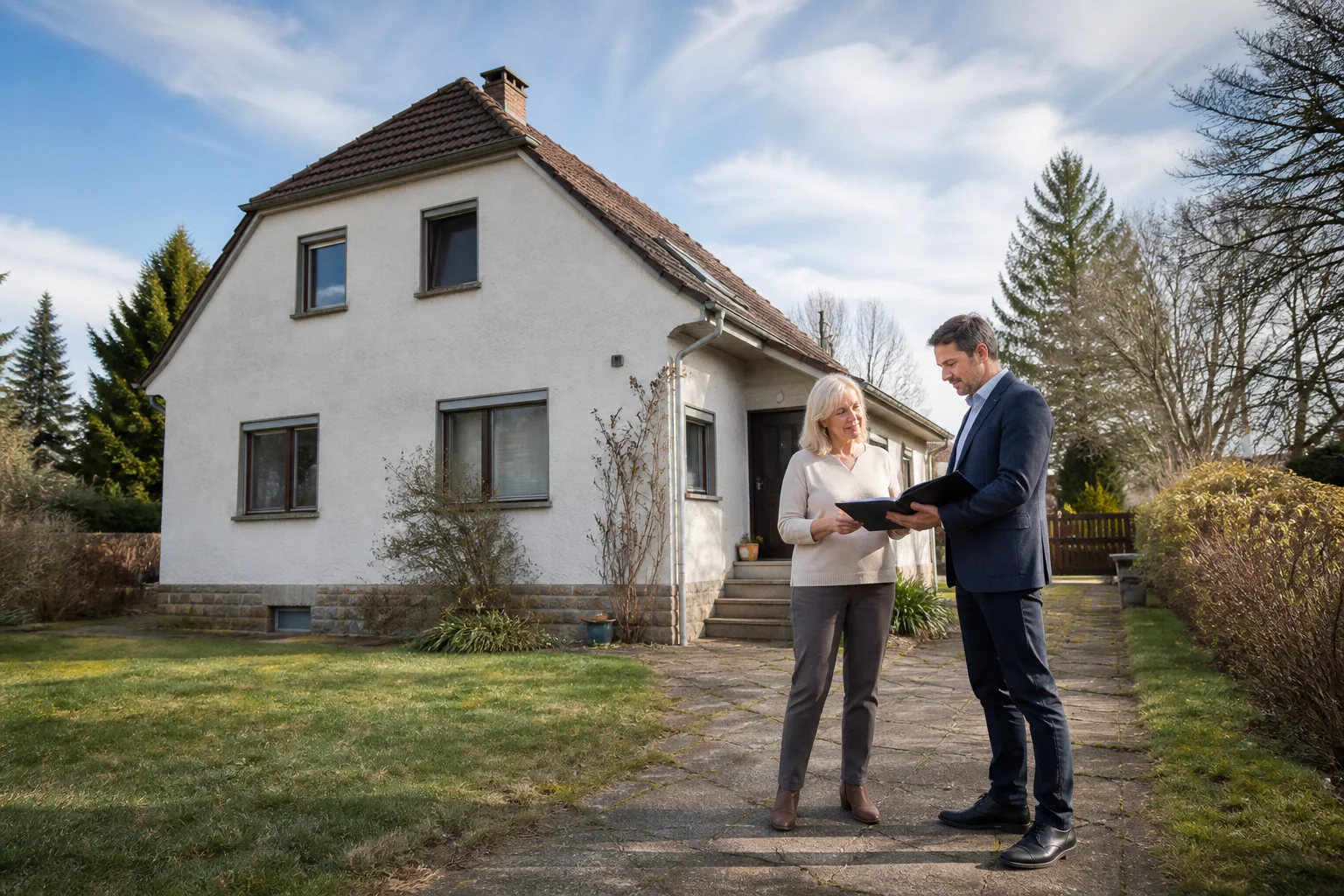 Zwei Erwachsene vor einem deutschen Bestandswohnhaus mit geschlossener Unterlagenmappe
